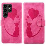 For Samsung Galaxy S25 Ultra 5G Pen Heart Cat Embossed Leather Phone Case(Pink)