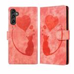 For Samsung Galaxy S25 FE 5G Pen Heart Cat Embossed Leather Phone Case(Orange)
