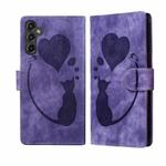 For Samsung Galaxy S25 FE 5G Pen Heart Cat Embossed Leather Phone Case(Purple)