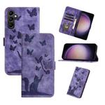 For Samsung Galaxy S25+ 5G Butterfly Cat Embossing Flip Leather Phone Case(Purple)