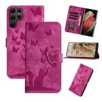 For Samsung Galaxy S25 Ultra 5G Butterfly Cat Embossing Flip Leather Phone Case(Pink)