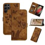 For Samsung Galaxy S25 Ultra 5G Butterfly Cat Embossing Flip Leather Phone Case(Brown)