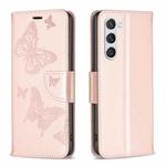 For Samsung Galaxy S25 5G Embossing Two Butterflies Pattern Leather Phone Case(Rose Gold)