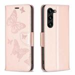 For Samsung Galaxy S25+ 5G Embossing Two Butterflies Pattern Leather Phone Case(Rose Gold)