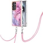 For Samsung Galaxy S25 Ultra 5G Electroplating Marble Dual-side IMD Phone Case with Lanyard(Pink 013)