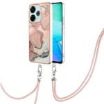 For Redmi 13 4G Electroplating Marble Dual-side IMD Phone Case with Lanyard(Rose Gold 015)