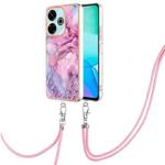 For Redmi 13 4G Electroplating Marble Dual-side IMD Phone Case with Lanyard(Pink 013)