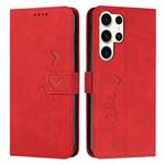 For Samsung Galaxy S25 Ultra 5G Skin Feel Heart Embossed Leather Phone Case with Long Lanyard(Red)