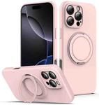 For iPhone 16 Pro Liquid Silicone MagSafe Phone Case with Rotating Holder(Pink)