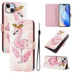 For iPhone 15 Art Colored Drawing Pattern Leather Phone Case(Flamingo)