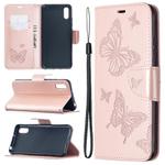 For Xiaomi Redmi 9A Two Butterflies Embossing Pattern Horizontal Flip Leather Case with Holder & Card Slot & Wallet & Lanyard(Rose Gold)