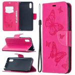 For Xiaomi Redmi 9A Two Butterflies Embossing Pattern Horizontal Flip Leather Case with Holder & Card Slot & Wallet & Lanyard(Rose Red)