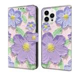 For iPhone 16 Pro Max Fresh Painted Leather Phone Case(Oil Painting Purple Flowers)