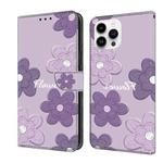 For iPhone 16 Pro Fresh Painted Leather Phone Case(Dark Purple Flowers)