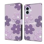 For iPhone 16 Plus Fresh Painted Leather Phone Case(Dark Purple Flowers)