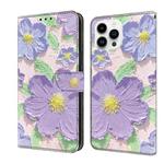 For iPhone 15 Pro Max Fresh Painted Leather Phone Case(Oil Painting Purple Flowers)