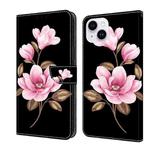 For iPhone 15 Plus Fresh Painted Leather Phone Case(Black Flowers)