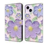 For iPhone 15 Fresh Painted Leather Phone Case(Oil Painting Purple Flowers)