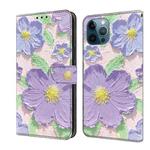 For iPhone 12 / 12 Pro Fresh Painted Leather Phone Case(Oil Painting Purple Flowers)