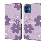 For iPhone 12 mini Fresh Painted Leather Phone Case(Dark Purple Flowers)