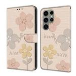 For Samsung Galaxy S23 Ultra 5G Fresh Painted Leather Phone Case(Beige Flowers)