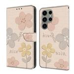 For Samsung Galaxy S22 Ultra 5G Fresh Painted Leather Phone Case(Beige Flowers)