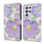 For Samsung Galaxy S21 Ultra 5G Fresh Painted Leather Phone Case(Oil Painting Purple Flowers)