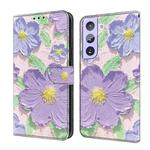 For Samsung Galaxy S21+ 5G Fresh Painted Leather Phone Case(Oil Painting Purple Flowers)