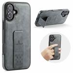 For iPhone 16 Plus Fierre Shann Oil Wax Cow Leather Holder Back Phone Case(Grey)