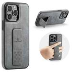 For iPhone 13 Pro Fierre Shann Oil Wax Cow Leather Holder Back Phone Case(Grey)