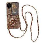 For OPPO Find N3 Flip Camellia Plaid Fabric PC Phone Case with Long Lanyard(Brown)