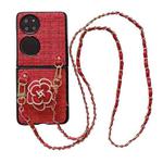 For Huawei P50 Pocket Camellia Plaid Fabric PC Phone Case with Long Lanyard(Red)