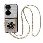 For Huawei P50 Pocket Camellia Plaid Fabric PC Phone Case with Long Lanyard(White)