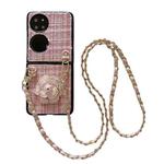 For Huawei P50 Pocket Camellia Plaid Fabric PC Phone Case with Long Lanyard(Pink)