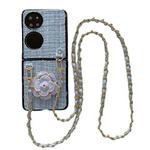 For Huawei P50 Pocket Camellia Plaid Fabric PC Phone Case with Long Lanyard(Blue)