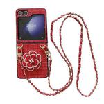 For Samsung Galaxy Z Flip6 Camellia Plaid Fabric PC Phone Case with Long Lanyard(Red)