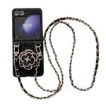 For Samsung Galaxy Z Flip5 Camellia Plaid Fabric PC Phone Case with Long Lanyard(Black)