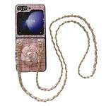 For Samsung Galaxy Z Flip5 Camellia Plaid Fabric PC Phone Case with Long Lanyard(Pink)