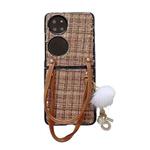 For Huawei P50 Pocket Handbag Design Plush Ball Plaid Fabric PC Phone Case(Brown)