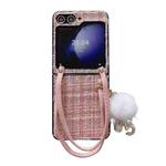 For Samsung Galaxy Z Flip6 Handbag Design Plush Ball Plaid Fabric PC Phone Case(Pink)