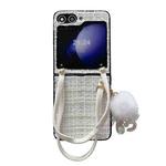 For Samsung Galaxy Z Flip5 Handbag Design Plush Ball Plaid Fabric PC Phone Case(White)