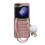 For Samsung Galaxy Z Flip5 Handbag Design Plush Ball Plaid Fabric PC Phone Case(Pink)