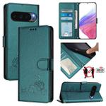 For Google Pixel 10 Pro XL 5G Global Cat Rat Embossed Pattern RFID Leather Phone Case with Lanyard(Peacock Green)