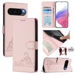 For Google Pixel 10 5G Global Cat Rat Embossed Pattern RFID Leather Phone Case with Lanyard(Pink)