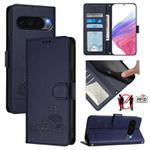 For Google Pixel 10 5G Global Cat Rat Embossed Pattern RFID Leather Phone Case with Lanyard(Blue)
