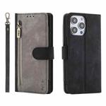 For iPhone 13 Pro Max POLA Dual-color Zipper Wallet RFID Leather Phone Case(Grey Black)