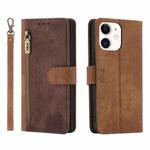 For iPhone 12 / 12 Pro POLA Dual-color Zipper Wallet RFID Leather Phone Case(Burgundy Brown)