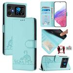 For Cubot A20 Cat Rat Embossed Pattern RFID Leather Phone Case with Lanyard(Mint Green)