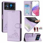 For Cubot A20 Cat Rat Embossed Pattern RFID Leather Phone Case with Lanyard(Purple)