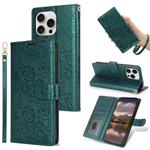 For iPhone 16 Pro Max Peony Flowers Imprint Leather Phone Case(Green)